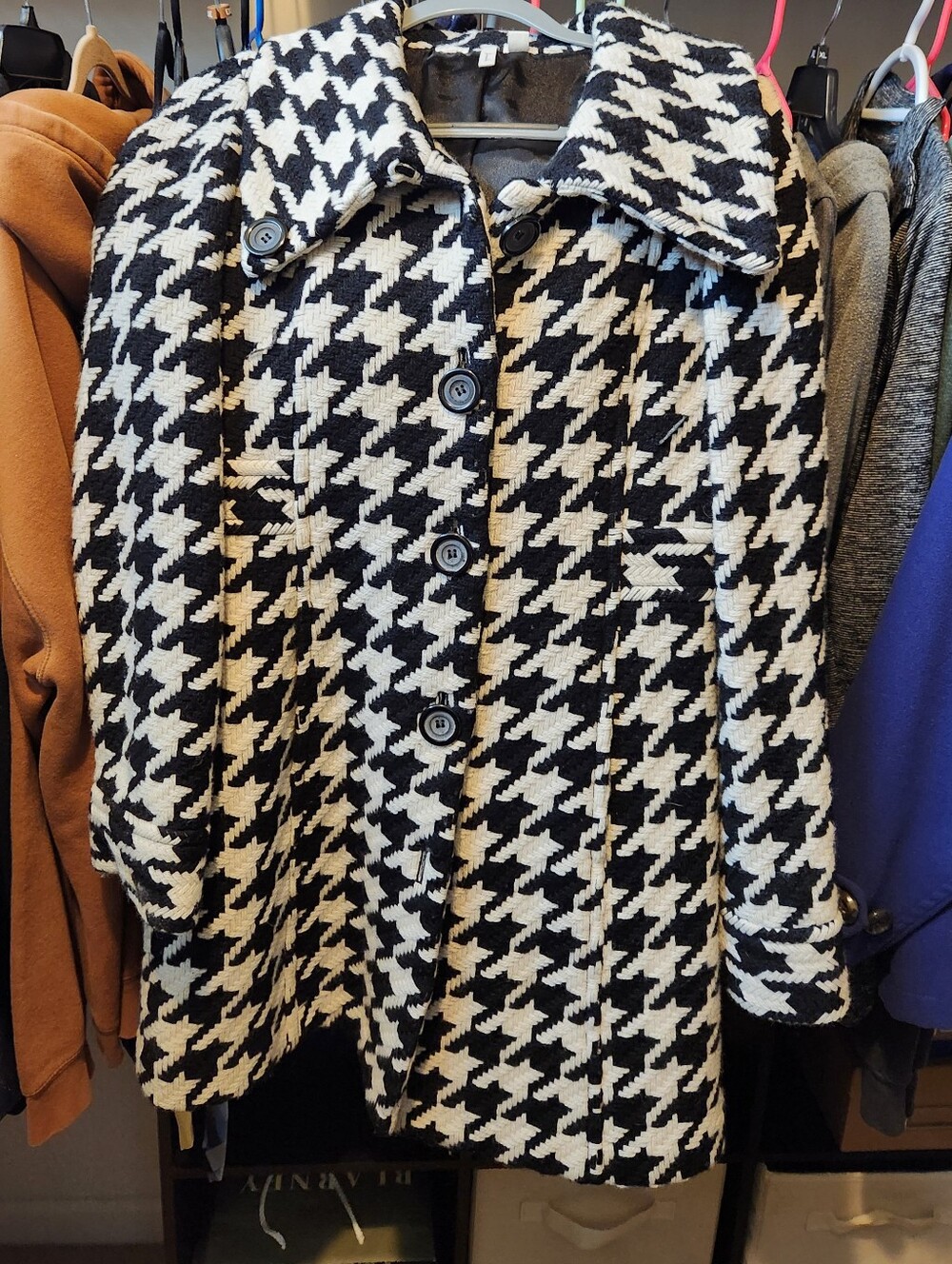 Frenchi Black & White Houndstooth Pea Coat, Medium